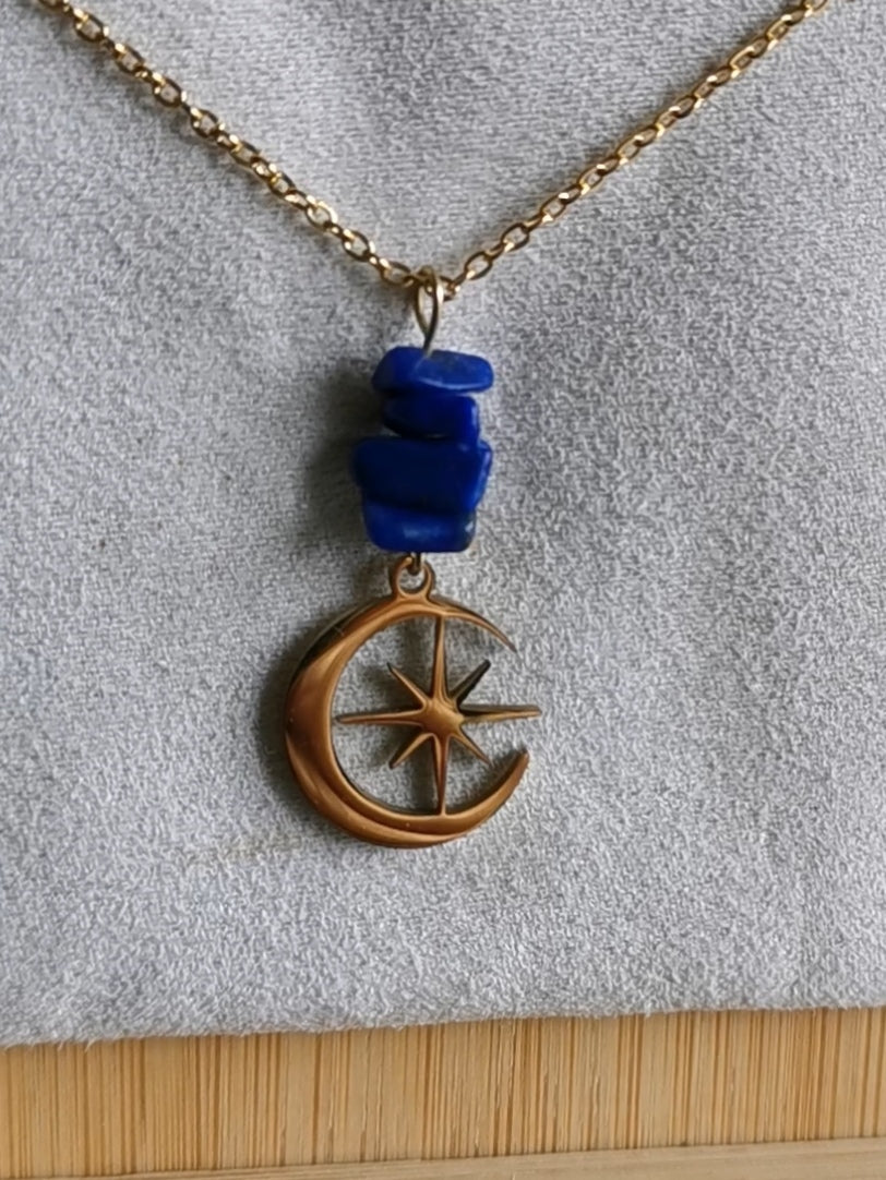 Collier Lune Étoile doré en lapis-lazuli