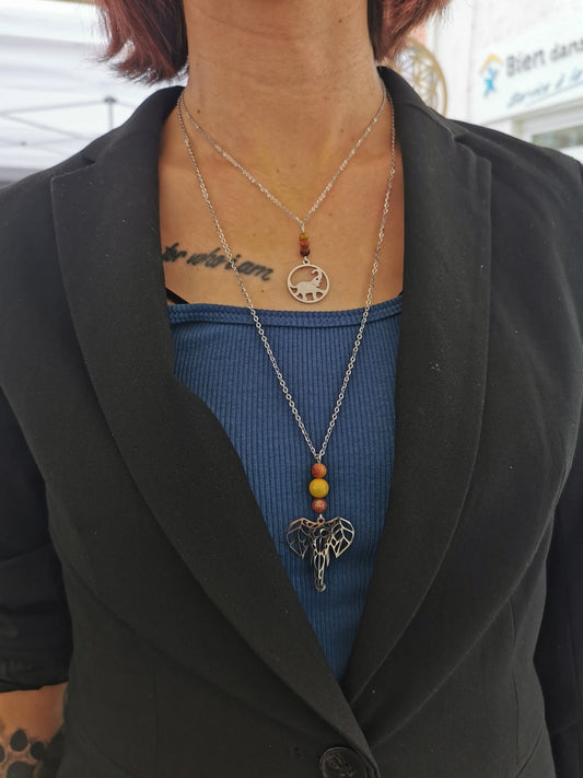 Collier long Éléphant origami - Pierre naturelle