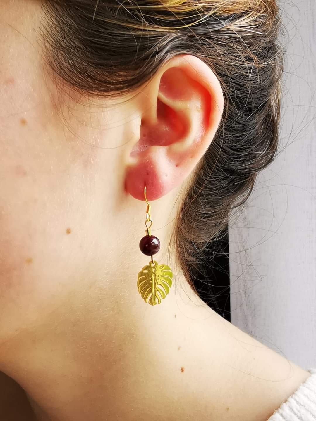 Boucles d'oreilles Monstera Sauvage - Grenat Almandin