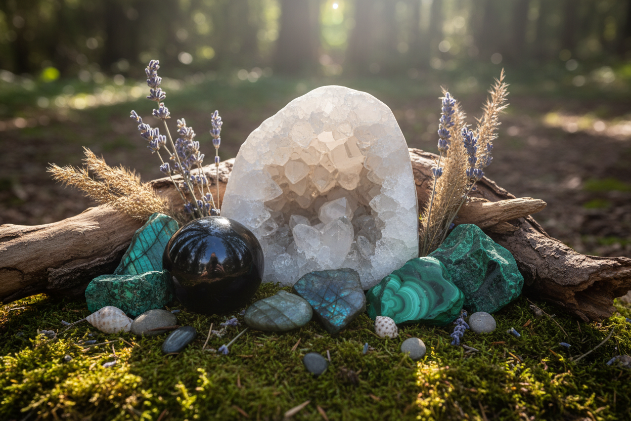 Représentez l’énergie des pierres: une vibration naturelle avec une magnifique géode de cristal de roche et un panel de magnifiques pierres clés de la lithothérapie comme l'obsidienne, la labradorite ou encore la malachite dans une ambiance ésotérique mais pas trop et un environnement naturel dans un style réaliste 