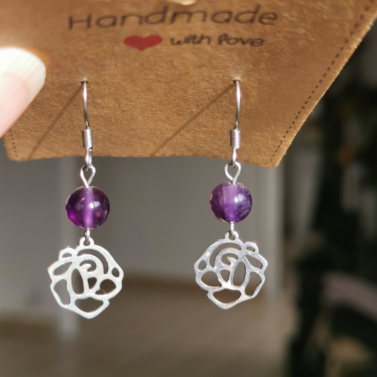 Boucles d'oreilles Rose origami en pierres naturelles