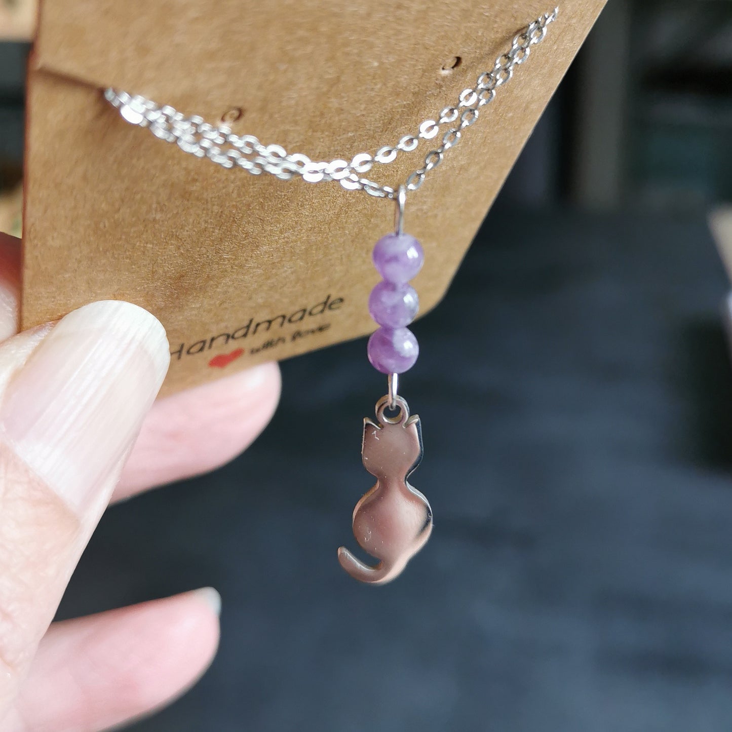 Collier Chat argenté en améthyste