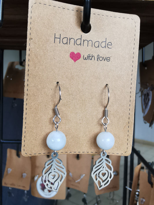 Boucles d'oreilles plumes cœur en pierres naturelles