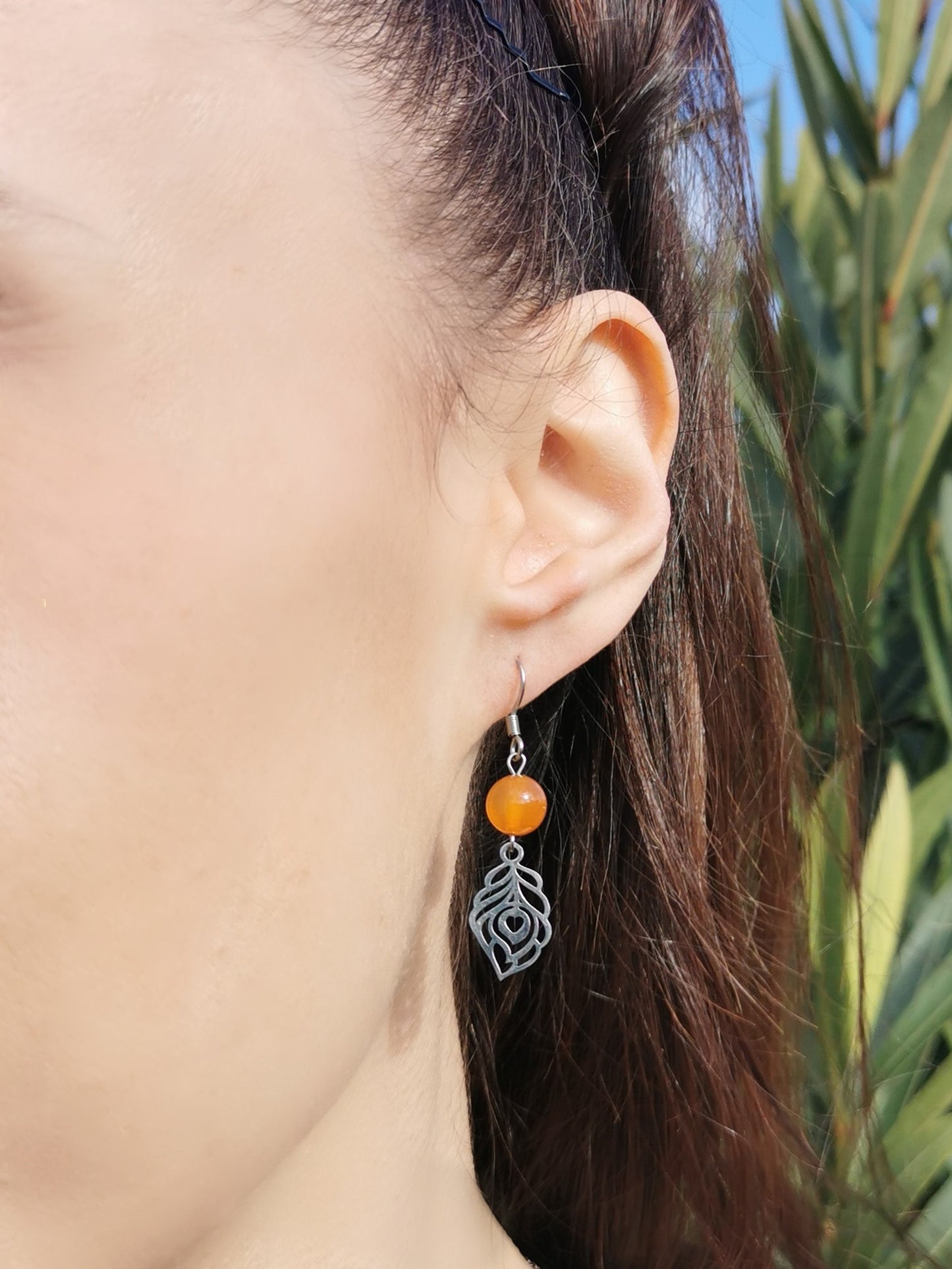 Boucles d'oreilles plumes cœur en pierres naturelles
