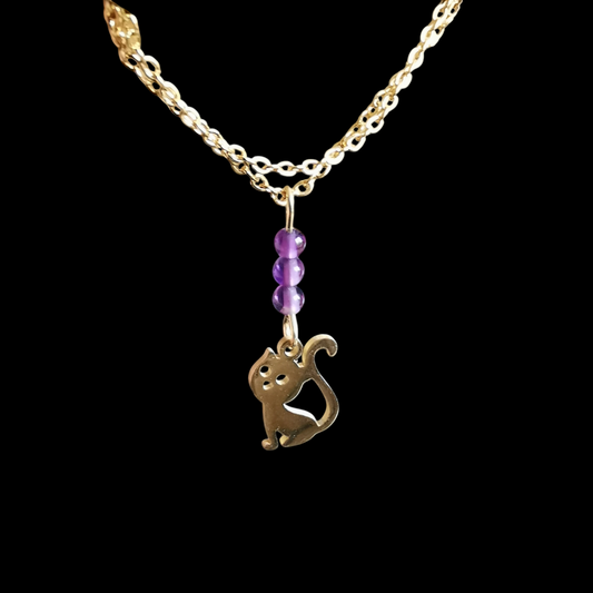 Collier Chat doré en améthyste