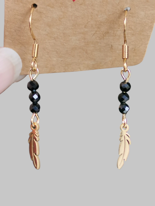 Boucles d'oreilles Plumes en spinelle noire