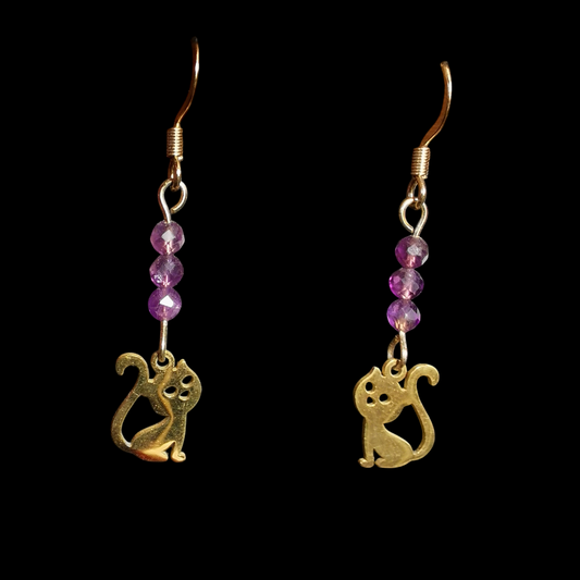 Boucles d'oreilles Chat dorées en améthyste facetée