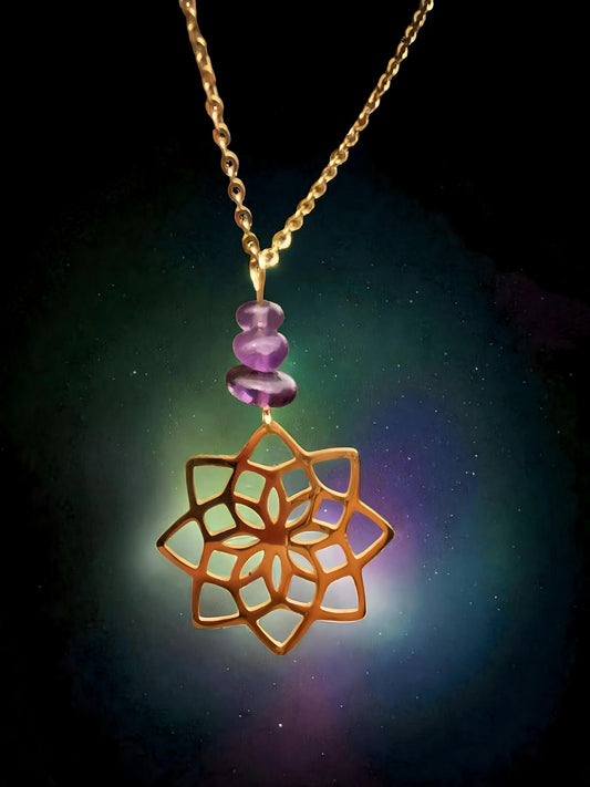 Collier long grand pendentif Fleur de Vie - pierres naturelles