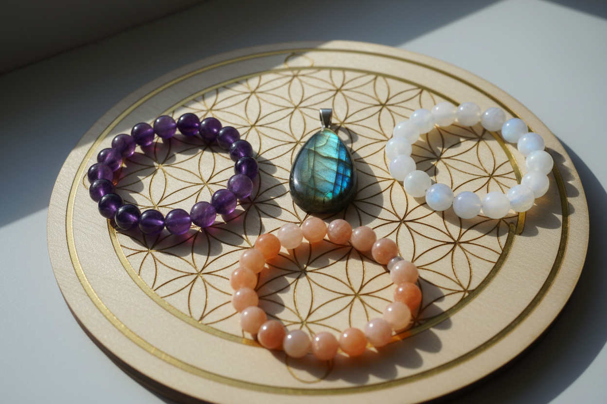 un pendentif en labradorite, un bracelet en améthyste, un bracelet en pierre de lune blanche et un bracelet en pierre de soleil posés sur une petite fleur de vie pour se recharger